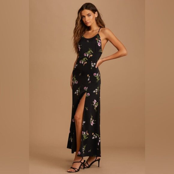 Lulus Blooming Vision Black Floral Maxi Dress Side Slit Size LARGE - Picture 3 of 13